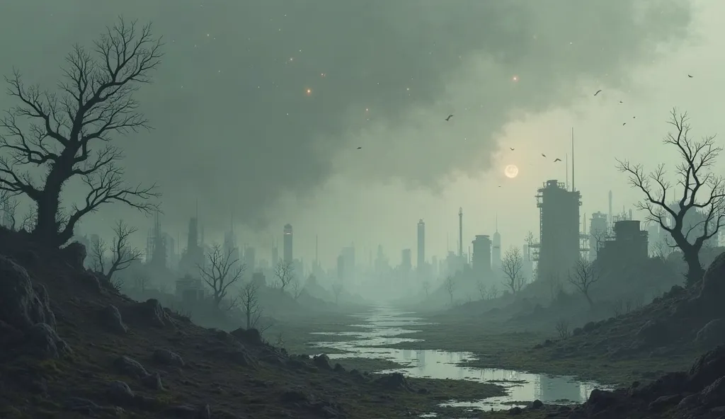 A ruined Earth with gray, smoky skies and broken cities. Dead trees and polluted water in the foreground. Stars shine faintly above, simple design, high quality