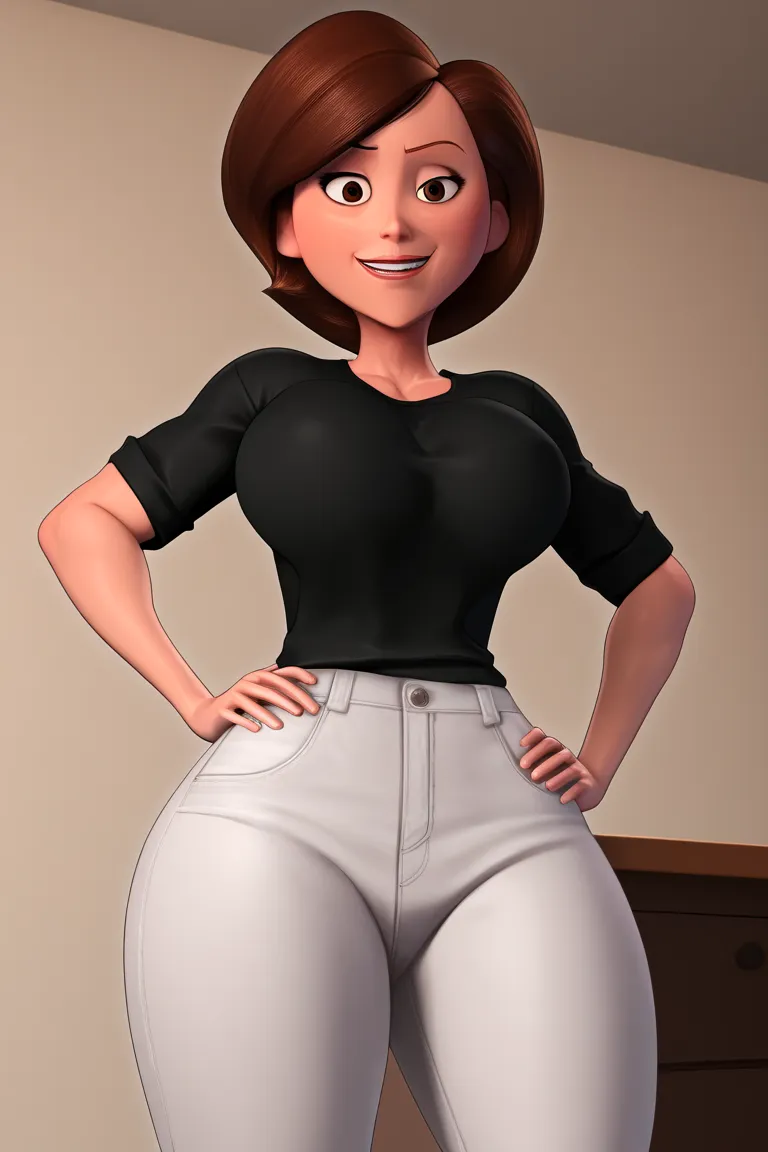 score_9, score_8_up, score_7_up, score_6_up, score_5_up, score_4_up, large breasts, black loose pants, black shirt, helen parr, elastigirl, looking at viewer, standing, smile, hand on hip, hip cocked, house background, eyebrow raised, looking down at viewe...