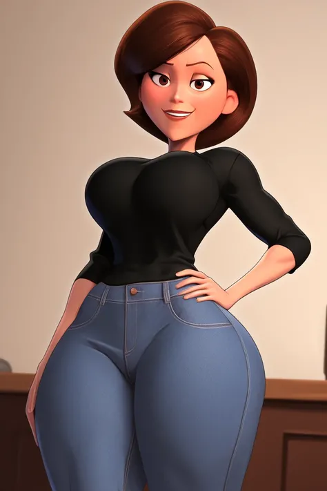 score_9, score_8_up, score_7_up, score_6_up, score_5_up, score_4_up, large breasts, black loose pants, black shirt, helen parr, elastigirl, looking at viewer, standing, smile, hand on hip, hip cocked, house background, eyebrow raised, looking down at viewe...