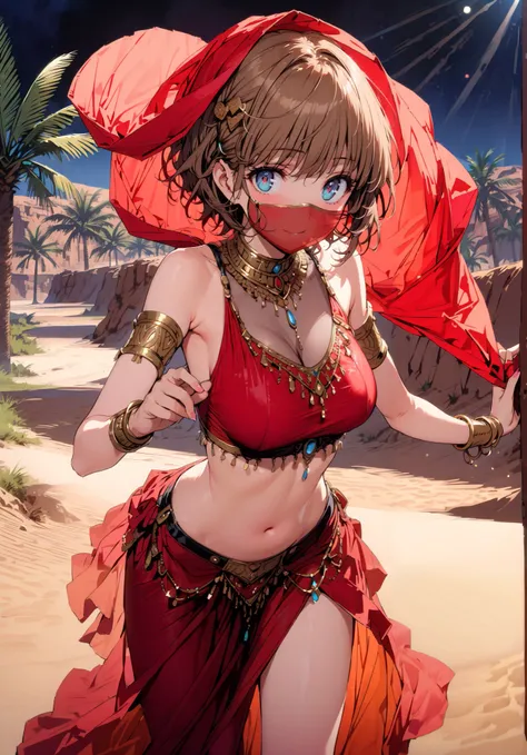  score_9,  score_8_up,  score_7_up,  source_anime, Tomoe Koga,  short hair, brown hair,  blue eyes, smile,blush,hair clips,Arabian clothing,  dancer , mouth Veil, belly Dancing, Veil, armlet,,  desert,  oasis, palm tree, Bare legs,water,  stage,Dancing,nig...