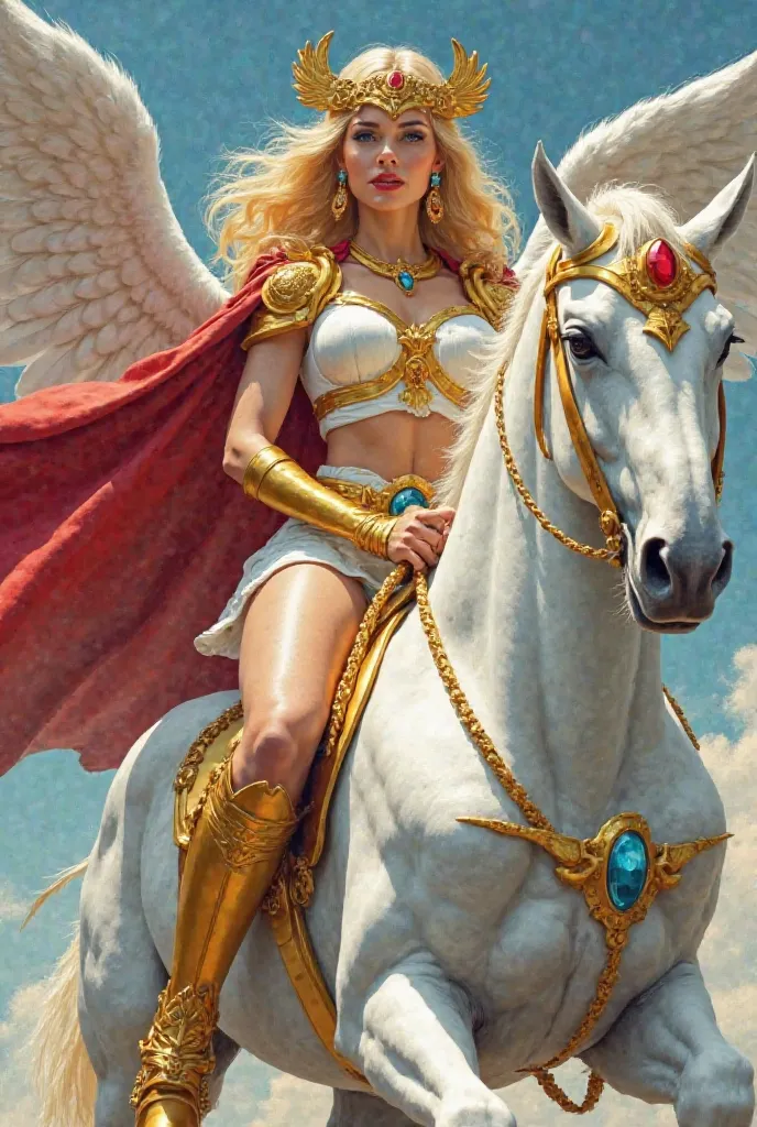 Blonde woman golden tiara with wings blue eyes gold earrings red lipstick white top with gold details on the armor white miniskirt with gold details red gem on the tiara blue gem on the abdomen red cape gold boots gold bracelets gold strap gold strap chrom...