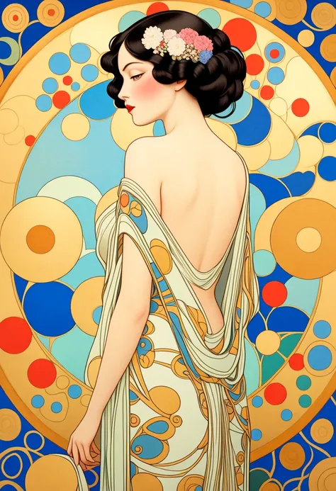 Masterpiece Painting, Wonderful, elegant and sensual woman,  Gustav Klimt :  art nouveau style, George Barbier : art deco style,  flat illustration , Looks sleepy, Kiss, Open back, Paul Klee:  Abstract Style , BEAUTIFUL JAPANESE WOMAN, from back,