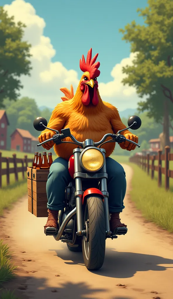 A chubby anthropomorphic chicken with well-groomed, detailed feathers is riding a motorcycle down a rural road. The chicken grips the handlebars firmly, its eyes focused ahead, exuding confidence and determination.

Behind the seat, a wooden crate filled w...