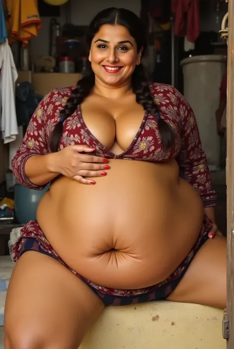 Realistic indian plus size bollywood actress Vidya Balan washing clothes. Exposing her massive gigantic thighs and thick fat calves. Her blouse is very low exposing her massive breast and huge clevage. Her long ruffled hair tied in a braid. She is looking ...