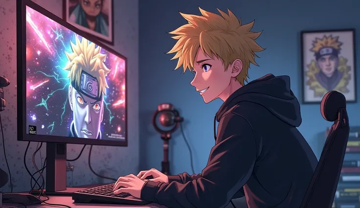 Create a anime boy who have a mature looking like a man facing in front he is a YouTube content creator, sitting in his studio with futuristic gadgets, and there is mic near him ,wearing black hoodie, smiling, and there is 2 posters of naruto in his room"