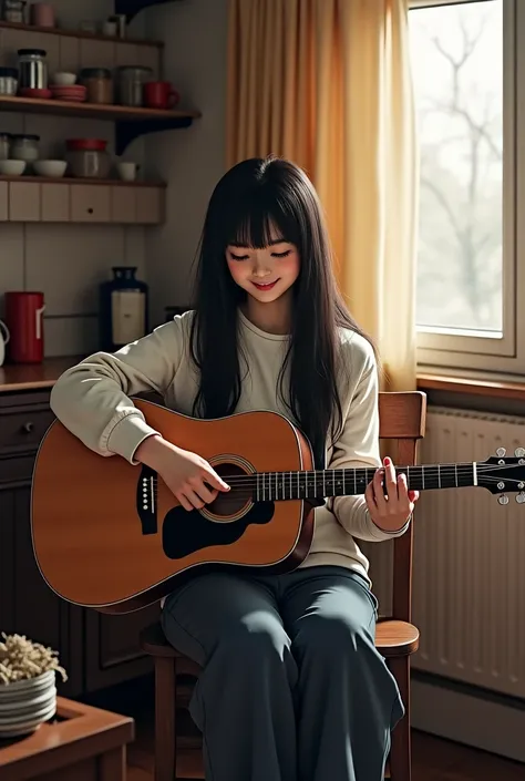 In March, the rice shop had a few packs of rice, and people came and went from outside the window 
The faceless black long-haired girl is smiling and sitting alone in her room in a white long-sleeved sweater playing the Gibson SJ200 guitar