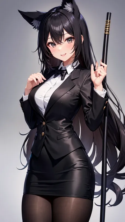 sexy older sister in a black business suit wearing a black tie　　 　　I'm wearing a black tie　black pencil skirt　Brown tights　A radiant smile　 Hi-Res　 high image quality　Fox ears