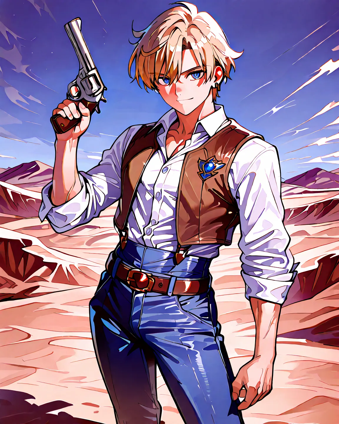 cowboy shooting,  sailor Uranus, high quality, Ultra High Definition, 最high quality, very detailed, beautiful, masterpiece,full body、long legs、 beautiful skin with glasses、golden hair、short hair、