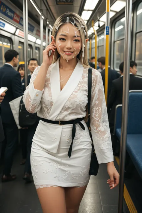 petite, dark elf woman, Hyperdetailed realistic airbrush painting of (most beautiful sexy (Japanese:1.6) woman walking in crowded subway:1.3), (cum on face, cum on clothes, cum on hair), wearing business attire, long_brown_hair, lace_thigh_strap, trending ...