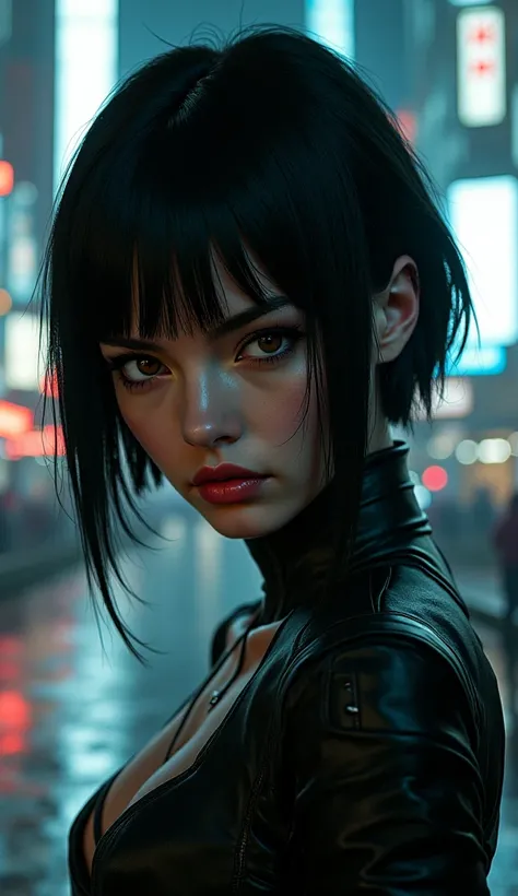 Photo Realism Woman Black Hair Fringe Between Her Black Eyes Futuristic Clothes Scenario Blade Runner Movie Super 8 Movie