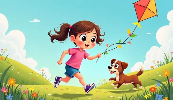 "Create a playful cartoon-style illustration of a big-eyed girl with messy pigtails, running through a meadow while holding a colorful kite in the air. She wears a pink t-shirt, denim shorts, and sneakers. Her scruffy dog jumps around her, trying to catch ...