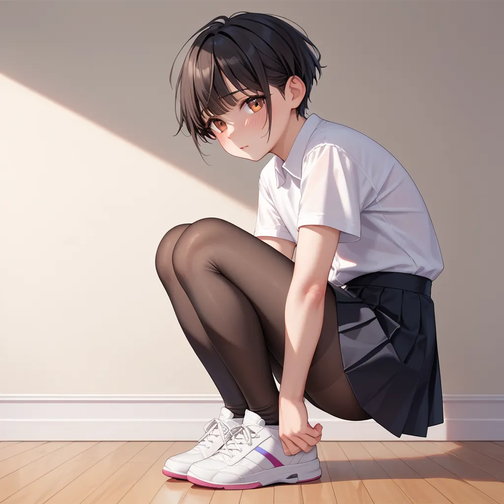  1femboy, (Fat:0.5), stands on his feet, very short male black hair,  brown eyes, white shirt, black tights, black skirt knee length,  white sneakers, shy,  decent