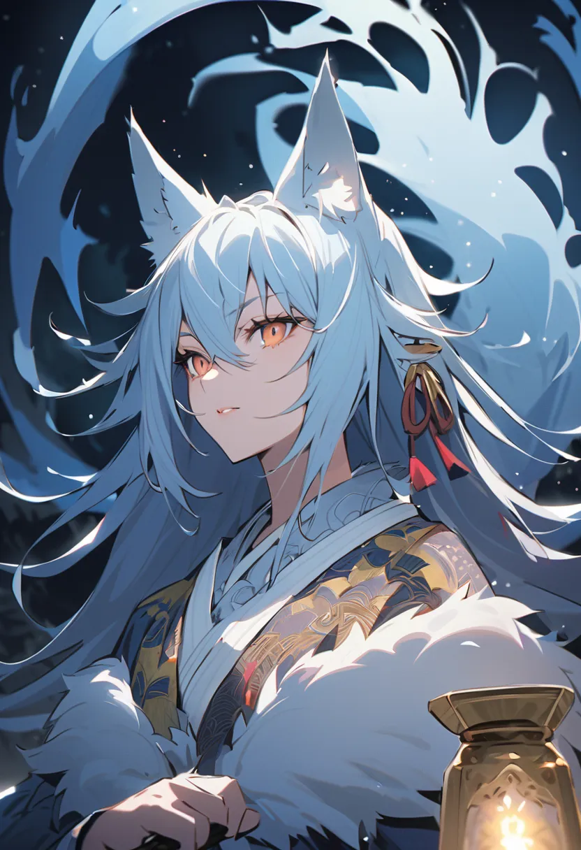 fox Light blue hair 　beast girl　indigo fur　fox beast girl　Full-body portrait、Are standing、Holding a sword、woman、kimono、Wolf Ears、Wolf&#39;s Tail