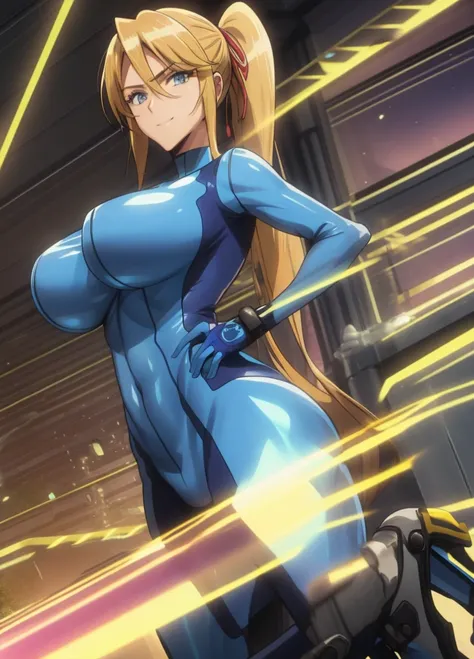 samus aran, ponytail, hair tie, blue gloves, ((blue bodysuit)), high heels (masterpiece, best quality:1.4), (modern days), (cowboy shot), 1girl, solo, pov, stunning girlfriend, (standing:1.1), dynamic pose, heart shaped face, elegant face, beautiful face, ...