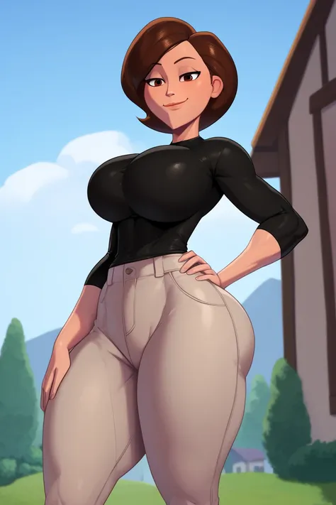 score_9, score_8_up, score_7_up, score_6_up, score_5_up, score_4_up, large breasts, black loose pants, black shirt, helen parr, elastigirl, looking at viewer, standing, smile, hand on hip, hip cocked, house background, looking down at viewer, closed mouth