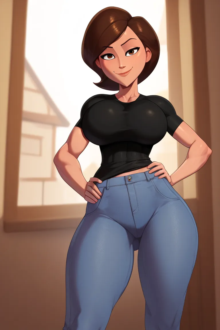 score_9, score_8_up, score_7_up, score_6_up, score_5_up, score_4_up, large breasts, black loose pants, black shirt, helen parr, elastigirl, looking at viewer, standing, smile, hand on hip, hip cocked, house background, looking down at viewer, closed mouth