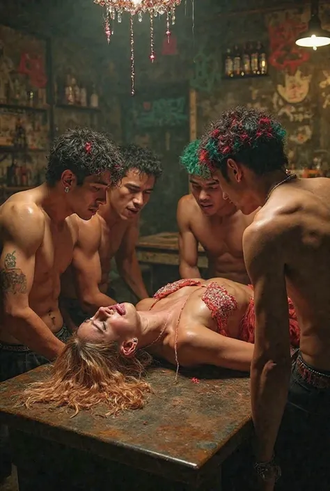 Rape scene of blonde hair, fake boobs, kicked nude woman brutally sexual assaulted, crying, screaming and lying on dirty old table violently assaulted by five aggressives and raging shirtless japaneses young, looking, evil laugh and curly red, green and bl...