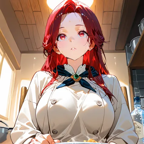 Anime style. The 20-year-old chef is relaxing in her 5-star kitchen after an intense period of work. She is sitting on a simple wooden chair, her head tilted back slightly, looking up at the ceiling as she tries to relax. Her short, red hair is a bit messy...