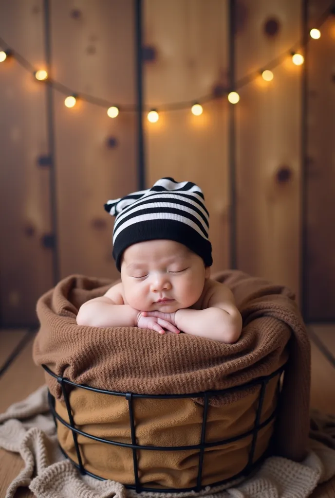 a sleeping baby resting peacefully inside a cozy basket. The baby is wrapped in a soft, brown blanket and is wearing a black-and-white striped beanie. The background features warm wooden panels adorned with soft, glowing string lights, creating a warm and ...