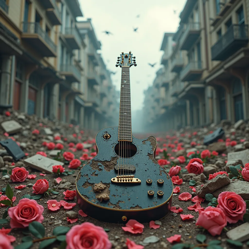 city in ruins, debris scattered across streets. Thousands of roses crushed by the ground. A shattered guitar, Muddled by Chaos.