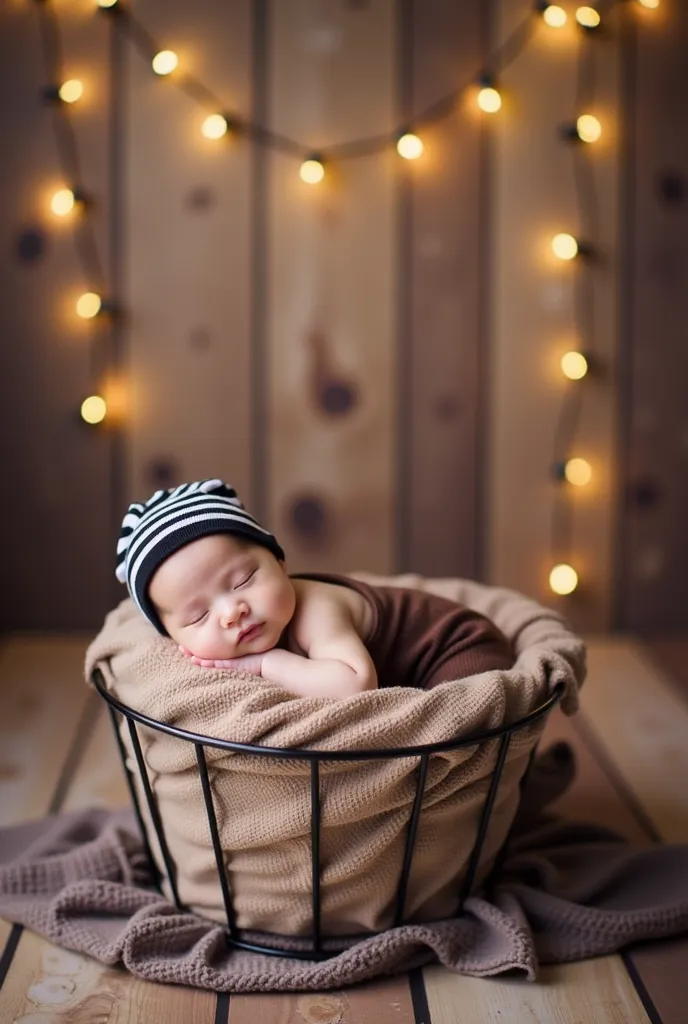 a sleeping baby resting peacefully inside a cozy basket. The baby is wrapped in a soft, brown blanket and is wearing a black-and-white striped beanie. The background features warm wooden panels adorned with soft, glowing string lights, creating a warm and ...