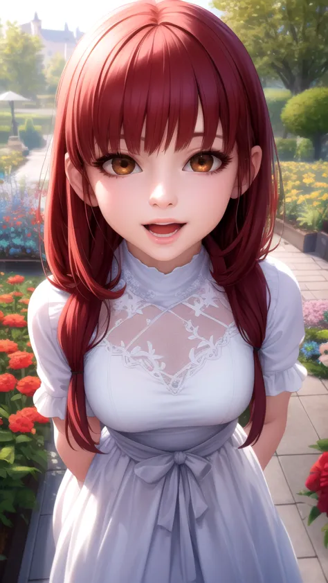 masterpiece, best quality, highres, girl, solo, looking at viewer, Shirou Emiya, Red hair, Brown Eyes, large breasts, Genshin Impact cosplay, princess Dress, standing, smile, open mouth, outdoors 