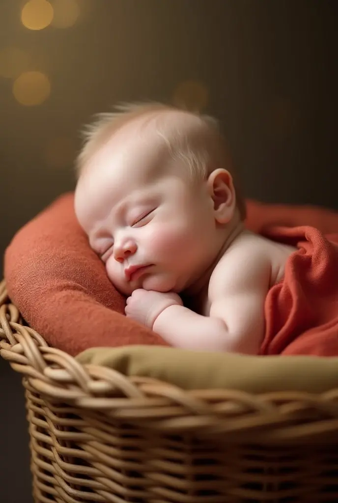 a sleeping baby resting peacefully inside a cozy basket. The baby is wrapped in a soft, brown blanket and is wearing a black-and-white striped beanie. The background features warm wooden panels adorned with soft, glowing string lights, creating a warm and ...