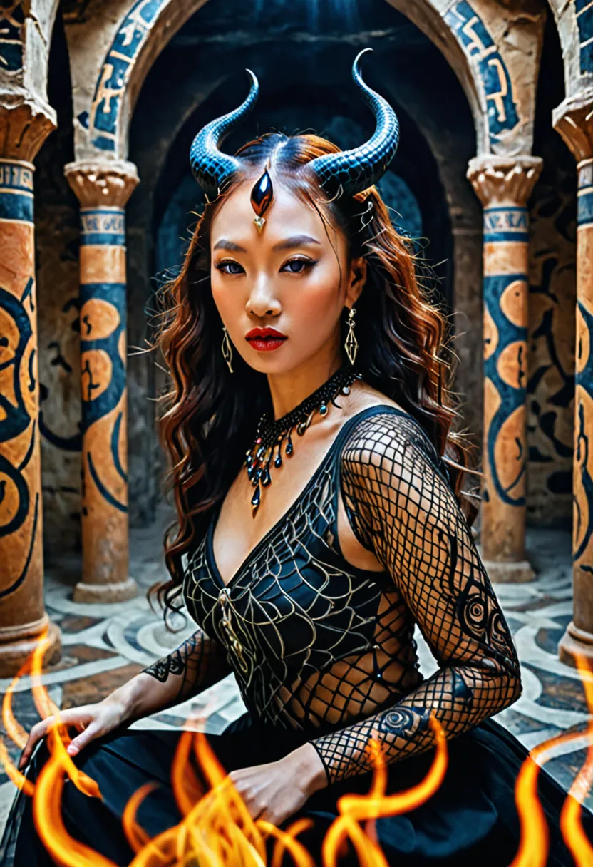 Two Beautiful Chinese Russian Asian woman, brunette of the color of sin, ultra-realistic image, porn actress, 35 years old, long curly hair, braided in flames, on fire, masterpiece, perfect and shaped big breasts, hard, pointy and wet nipples, perfect beau...