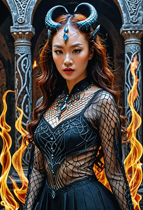 Two Beautiful Chinese Russian Asian woman, brunette of the color of sin, ultra-realistic image, porn actress, 35 years old, long curly hair, braided in flames, on fire, masterpiece, perfect and shaped big breasts, hard, pointy and wet nipples, perfect beau...