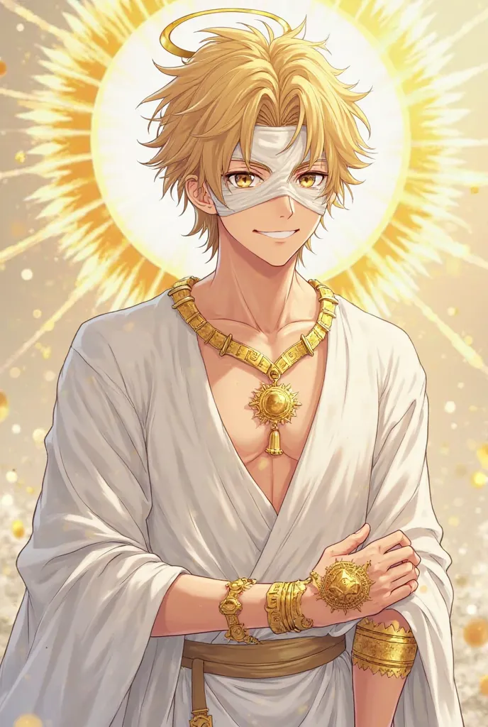 divine 21 years old anime male, looking friendly, smiling, bandage on eyes, visible eyes, dresssed in white loose clothes with golden elements, golden halo from oat, golden sun-themed jewerly on hands, greek mythology styled