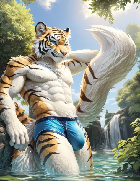 anthro,tiger,mammal,looking at viewer,male,solo,soles,digitigrade,5 fingers,blue eyes,black pupils,abs,strong,muscular,younger,stand in water,blue sky with clouds,outdoor,topless,blue underwear,bright,sun shine,white body,orange_fur,cute face,handsome,focu...