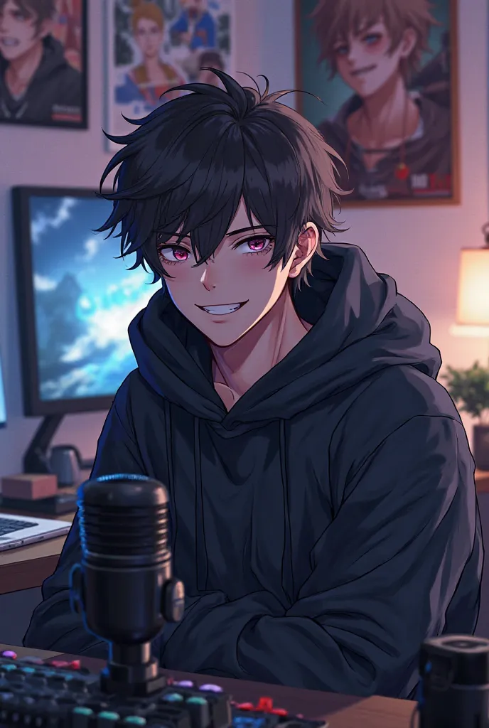 Create a anime boy who have a mature looking like a man facing in front he is a YouTube content creator, sitting in his studio with futuristic gadgets, and there is mic near him ,wearing black hoodie, smiling, and there is 2 posters of gojo in his room"