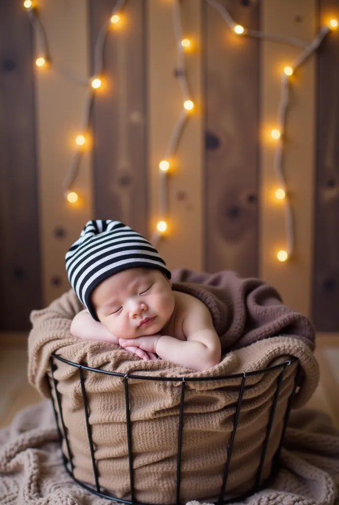 a sleeping baby resting peacefully inside a cozy basket. The baby is wrapped in a soft, brown blanket and is wearing a black-and-white striped beanie. The background features warm wooden panels adorned with soft, glowing string lights, creating a warm and ...