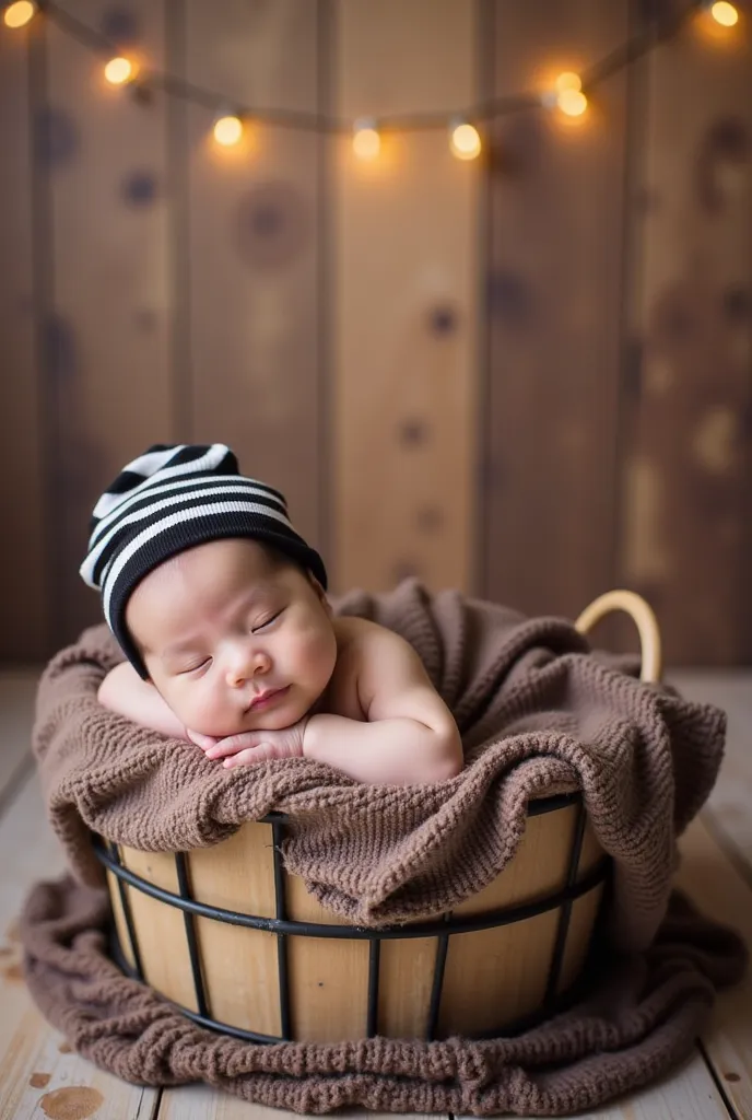 a sleeping baby resting peacefully inside a cozy basket. The baby is wrapped in a soft, brown blanket and is wearing a black-and-white striped beanie. The background features warm wooden panels adorned with soft, glowing string lights, creating a warm and ...