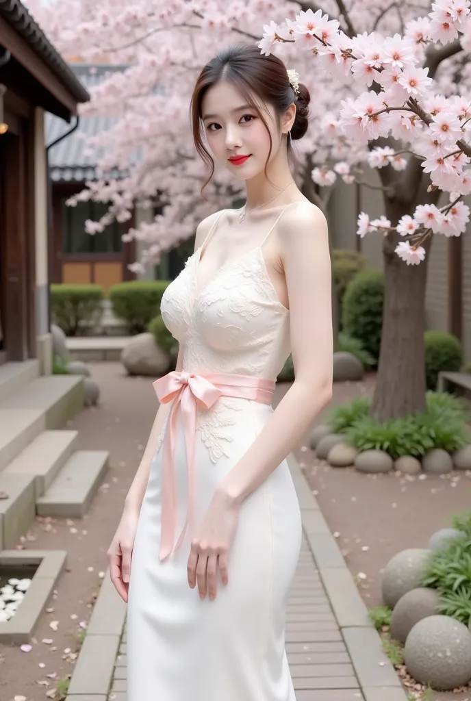 a woman standing elegantly in an outdoor setting adorned with cherry blossoms. She is wearing a fitted, ivory-colored gown featuring delicate floral lace details on the bodice and a soft pink bow around her waist. The dress has thin straps and flows gracef...