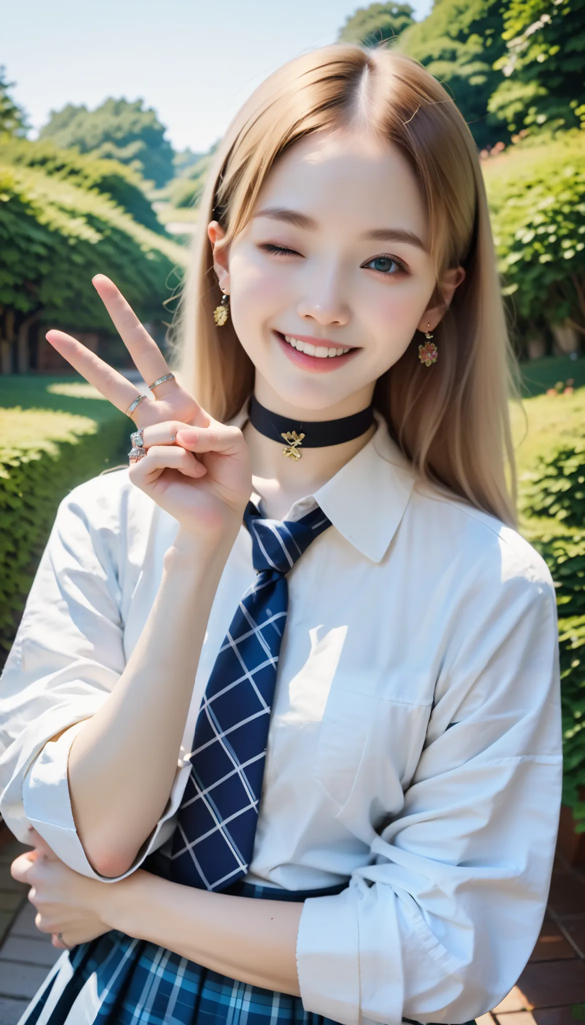 photorealism,(((Perfect Anatomy、Correct finger)))、1 girl,  long blond hair with pink tips  ,  cheerful pose , Wink and smile , Hands making a V sign near the eyes, I put on a white shirt and rolled up my sleeves, blue plaid skirt, Loose blue tie, Black cho...