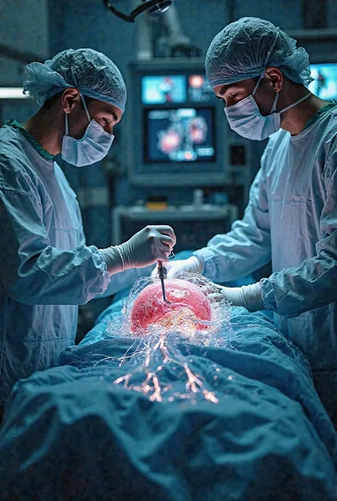 Surgical scene of ney transplantation, surgeons in operating room, detailed organ visualization, futuristic medical technology, glowing veins