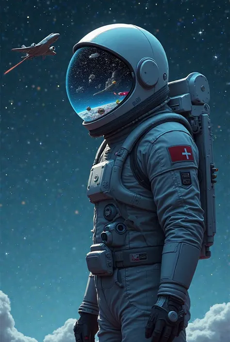 An image that has an astronaut in the night and in his helmet a submarine, a fighter and a shuttle can be seen reflected,  and a star sky in the background