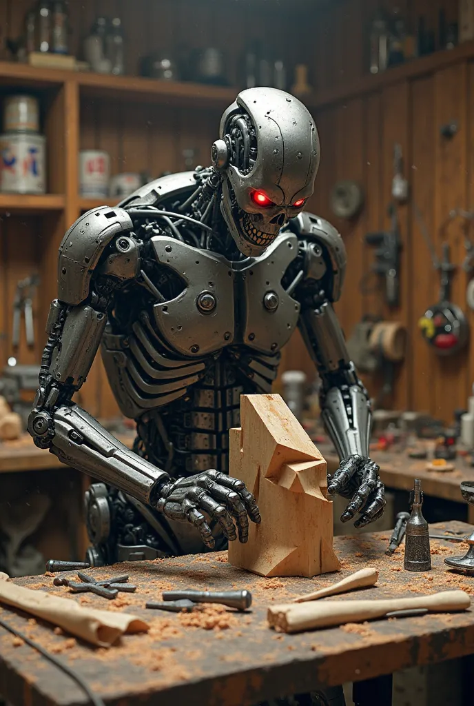 Terminator making a sculpture in a craft workshop.