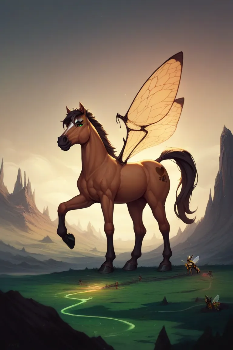 Creature, horse head, green eyes, humanoid body, bee wings, black hooves 