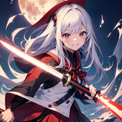  1girl , pretty face、Baby Face、(((dynamic best composition、Highest quality、Greatest Masterpiece、Super Detail、High Precision)))、Bright red full moon、Black Sailor Suit、Carrying a scabbard at an angle、 two sword style、 vampire hunter 、dynamic、 has a bright sm...