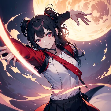  1girl , pretty face、Baby Face、(((dynamic best composition、Highest quality、Greatest Masterpiece、Super Detail、High Precision)))、Bright red full moon、Black Sailor Suit、Carrying a scabbard at an angle、 two sword style、 vampire hunter 、dynamic、 has a bright sm...