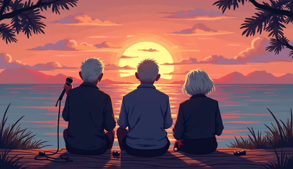 three agers looking out at the sunset on a pier sitting down and one of the agers has a microphone in his hand and the image is in 8-bit