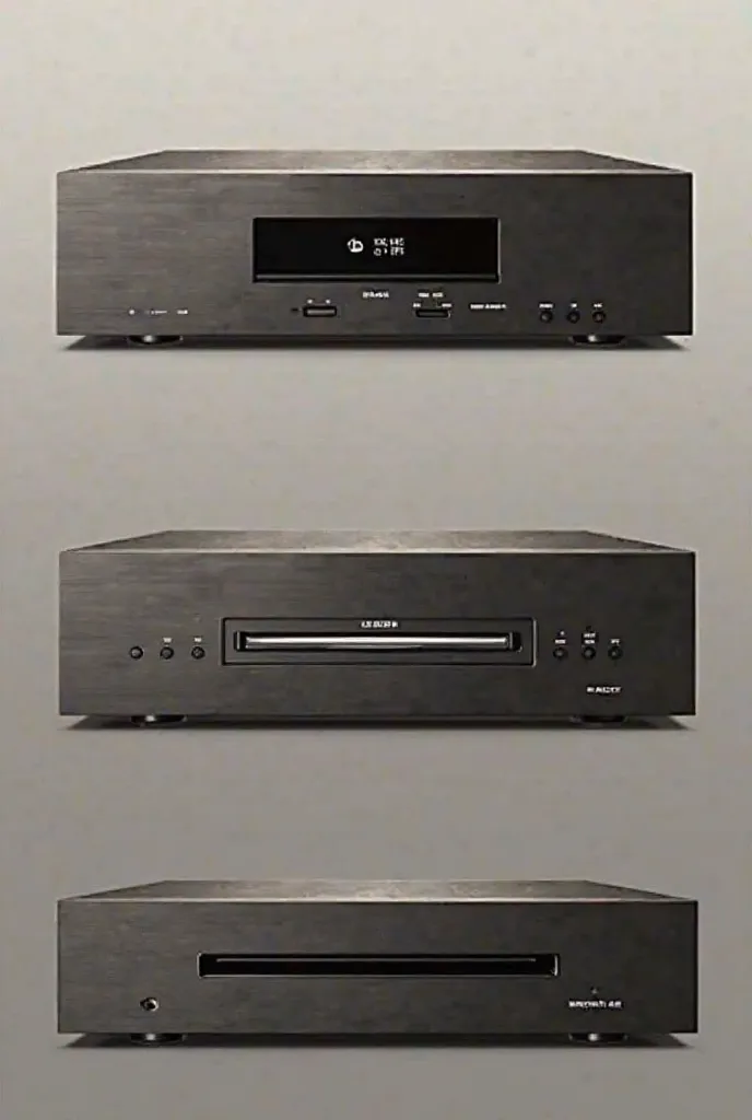 A design for a high fidelity music server,  with a classic design , some modern details, minimalist and elegant and a CD slot in the middle.