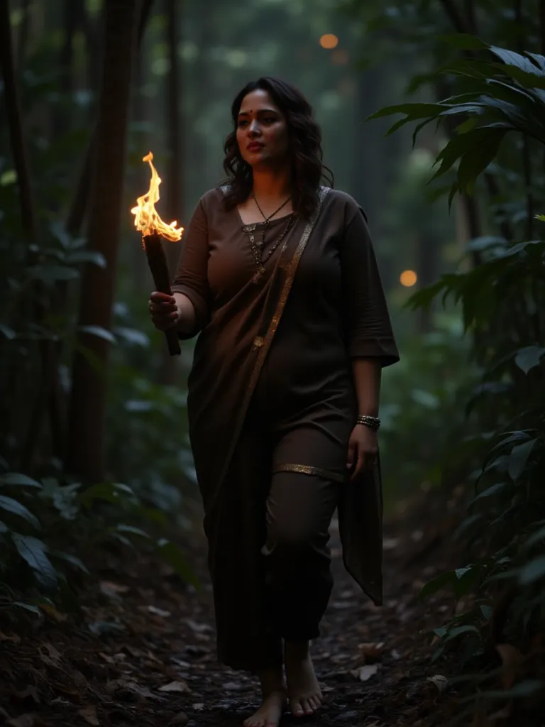 A 27 years old ,matured, American white woman with A plus size body size,fitted body, ivory white round-shaped face.

 She and her husband. She walks carefully through the jungle, holding a torch made from a stick, her heart racing at every sound.

✅ Outfi...