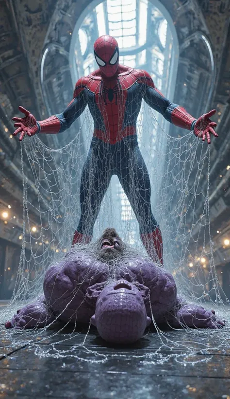 Thanos on ground full body trapped with white spiderweb , Spiderman is holding spider strings on hand inside a spaceship 