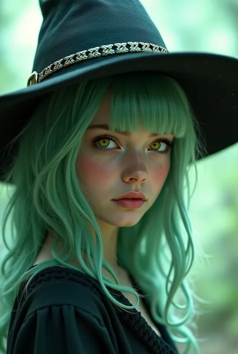 top quality, masterpiece,Perfect face,top quality,is cute, beautiful girl, light green hair, bangs, medium length hair,yellow-green eyes,alone,witch hat, wizard,realistic