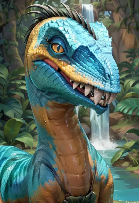 feralraptorxl, source_furry_feral, solo, jungleraptor (fortnite), cowboy shot, beautiful, portrait, female, sexy, flat chest, curvy, (wet, sweat), lizard tail, (bedroom eyes:1.2), moan, glistening, scales, seductive, flirtatious, realistic detailed skin, p...