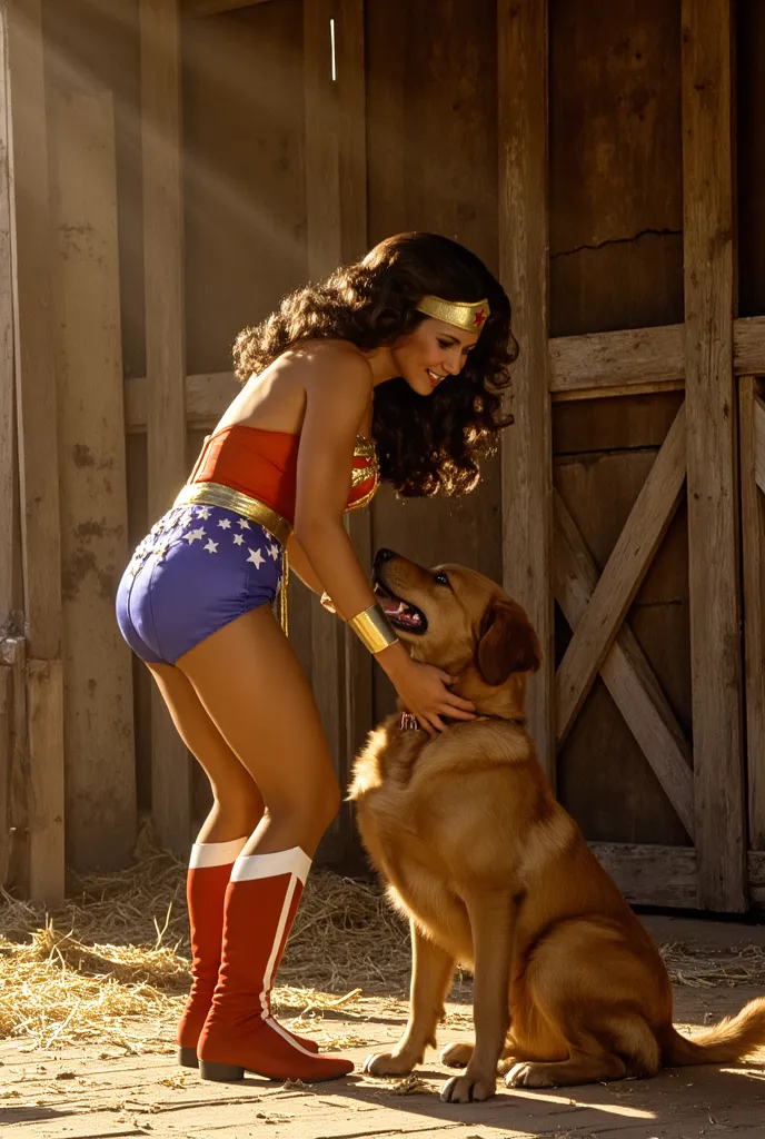 wonder woman kiss a dog in farm barn. 3/4 view.