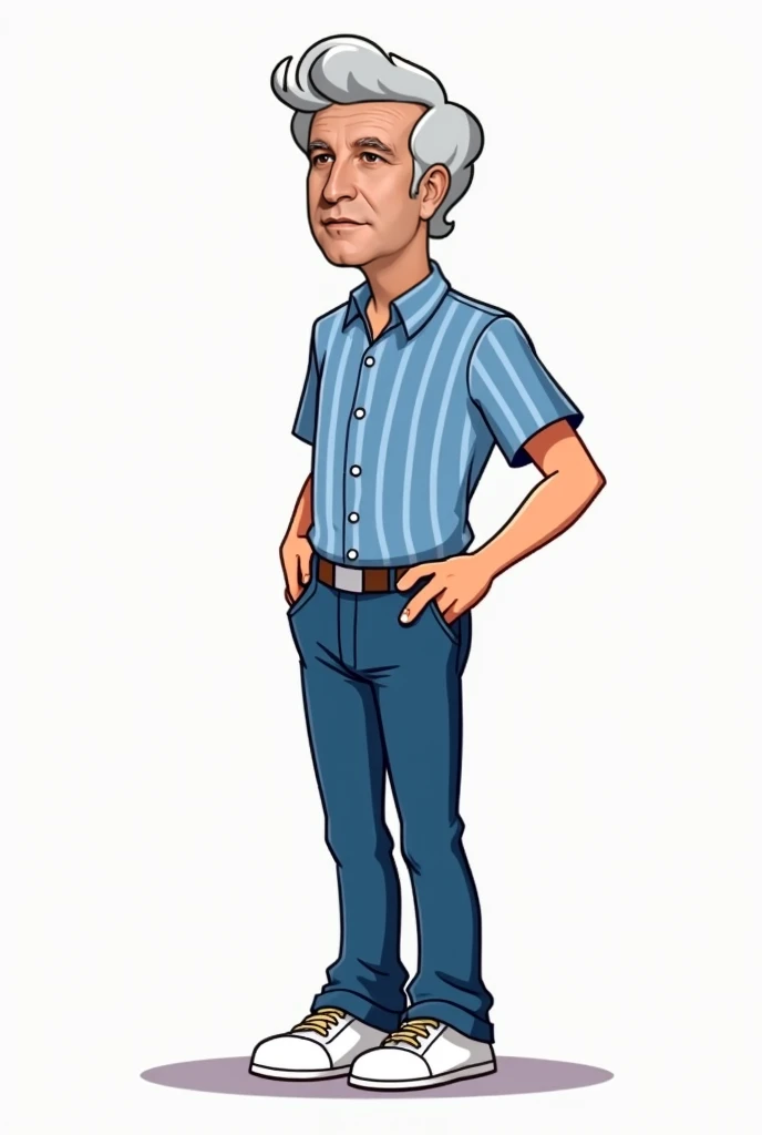 
Using the Adventure Time animation as a base, generate a cartoon image of a 60-year-old man with a receding hairline, bushy eyebrows, gray hair, brown eyes, tall, dressed in an elegant blue striped shirt with blue-white jeans and white tennis shoes.